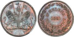 SAINT-HÉLÈNE (île de) - SAINT-HELENE Georges IV (1820-1830). Halfpenny 1821. PCGS MS65BN (36352276). Av. Armes de l'East India Company surmontées d'un heaume avec lion et soutenues par deux lions debo