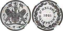 SAINT-HÉLÈNE (île de) - SAINT-HELENE Georges IV (1820-1830). Halfpenny, Flan bruni (PROOF) 1821. NGC PF 62 BN CAMEO (663795-012). Av. Armes de l'East India Company surmontées d'un heaume avec lion et 