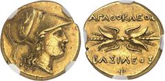 GRÈCE ANTIQUE - GREEK Sicile, Syracuse, Agathoclès (317-289 av. J.-C.). Statère d'or (double décadrachme ou 80 litrae) ND (c.295 avant J.-C.), Syracuse. NGC Ch XF 5/5 3/5 Fine Style (6639738-010). Av.