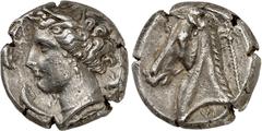 GRÈCE ANTIQUE - GREEK Sicile, émissions siculo-puniques. Tétradrachme ND (320-300 av. J.-C.), Entella. Av. Tête féminine couronnée d'épis à gauche (Aréthuse ou Tanit). Autour, quatre dauphins. Rv. Têt