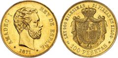ESPAGNE - SPAIN Amédée Ier (1870-1873). 100 pesetas, frappe en or jaune, tranche en relief JUSTICIA Y LIBERTAD 1871, M, Madrid. Av. AMEDEO I REY DE ESPANA. Tête à droite avec signature L. M. sur la tr