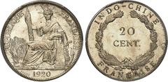 INDOCHINE - INDOCHINA IIIe République (1870-1940). 20 cent(ièmes) 1920, San Francisco. PCGS MS65 plate coin (17272635). Av. REPUBLIQUE - FRANÇAISE. La République rayonnante, assise à gauche et tenant 