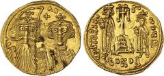 EMPIRE BYZANTIN - BYZANTINE Constant II (641-668). Solidus avec Constantin IV, Héraclius et Tibère ND (après 659), Constantinople, 8e officine. BC.964 - BN 13/56 ; Or - 4,41 g - 19 mm - 6 h Quelques s