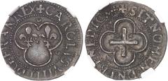 FRANCE / CAPÉTIENS - FRANCE / ROYAL Charles IX (1560-1574). Essai du denier tournois ND (avant 1569), Lyon. Av. + CAROLVS. VIIII. D: G. FRAN REX. deux lis dans un trilobe cantonné de trois annelets.  