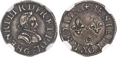 FRANCE / CAPÉTIENS - FRANCE / ROYAL Henri III (1574-1589). Essai ou frappe en argent du denier tournois 1586, G, Poitiers. NGC AU 53 (6631355-080). Av. (à 6 h.) HENRI III R D FR ET POL (différent). Bu