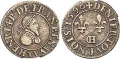 FRANCE / CAPÉTIENS - FRANCE / ROYAL Henri IV (1589-1610). Denier tournois 1590, CH, Châlons-en-Champagne. Av. HENRI. 4. R. DE. FRAN. ET. NAVA. Buste lauré et cuirassé à droite ; à l'exergue, (différen