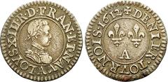 FRANCE / CAPÉTIENS - FRANCE / ROYAL Louis XIII (1610-1643). Essai en argent du denier tournois 1612, Paris, Moulin du Louvre. Ciani 1726 - Droulers - ; Argent - 1,64 g - 17,5 mm - 6 h Rare ! Champs lé
