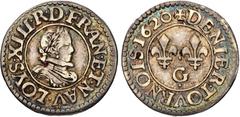FRANCE / CAPÉTIENS - FRANCE / ROYAL Louis XIII (1610-1643). Essai en argent de denier tournois, ou treizain de mariage 1620, G, Poitiers. CGKL.416 v. - G.2 ; Argent - 2,08 g - 17,5 mm - 6 h Avec point