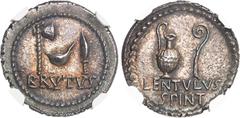 RÉPUBLIQUE ROMAINE Brutus, M. Junius Brutus et P. Cornelius Lentulus Spinther, légat. Denier ND (42 av. J.-C.), Atelier militaire itinérant, Smyrne ? NGC MS* 5/5 5/5 (5780848-005). Av. BRVTVS. Simpulu