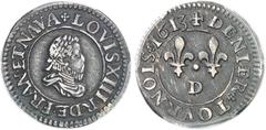CAPÉTIENS Louis XIII (1610-1643). Essai en argent du denier tournois 1613, D, Lyon. PCGS SP45 (42483649). Av. + LOVIS. XIII. R. DE. FRAN. ET. NAVA. Buste enfantin du Roi à droite, lauré, drapé et cuir