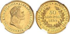 POLOGNE Alexandre Ier (1801-1825). 50 zloty 1829 FH, Varsovie. NGC AU 58 (5785797-009). Av. * ALEXANDER I. CES. ROS. WSKRZESICIEL KROL. POLS. 1815. Tête laurée à droite. Rv. * MIKOŁAY I. CES. WSZ. ROS