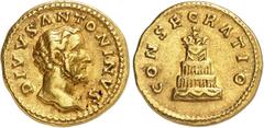 EMPIRE ROMAIN Antonin le Pieux (138-161). Aureus (frappe sous Marc Aurèle) ND (après 161), Rome. Av. DIVVS ANTONINVS. Tête nue à droite. Rv. CONSECRATIO. Bûcher funéraire à quatre étages, surmonté d'u