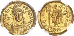 EMPIRE ROMAIN Zénon (476-491). Solidus 476-491, Constantinople ? ou Thessalonique ? 9e officine. NGC MS 5/5 3/5 edge bend (5788894-010). Av. DN ZENO PERP AVG. Buste couronné et cuirassé de face, tenan