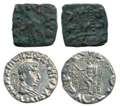 Indo- Greek, Apollodotus I, Copper Obol, obv. Apollo standing with quiver, Greek legend Basileos Soterou Apollodotou, rev. tripod with Kharoshthi legend Maharajas tratarasa Apladatasa; Hermaeus, (40-1