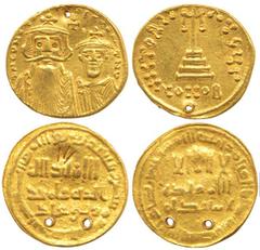 Byzantine Gold Solidus, 4.23g; Islamic, Ummayids, Gold Dinar, 3.68g. Both with holes at top otherwise Very Fine+ and Fine.