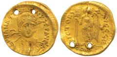 Byzantine, Anastasius I (491-518 AD), Gold Solidus, 4.04g, Constantinople Mint, obv. helmeted armed bust facing, rev. Victory standing, holding long voided cross, star at right. Pierced twice and a cu