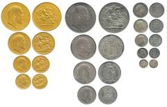 Great Britain, Gold and Silver, Edward VII, 1902, set of 13 Proof ’Long Set’, Gold 5, 2, 1 and ½ Pound, Silver Crown, Halfcrown, Florin, Shilling, Sixpence, Silver Maundy set 4, 3, 2 and 1 Pence. In o