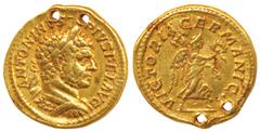 Caracalla (198-217 AD), Gold Aureus, 7g, Rome Mint, Struck in 213 AD, obv. laureate and cuirassed bust of the emperor to right, legend ANTONINVS PIVS FEL AVG, rev. VICTORIA GERMANICA, Victory advancin
