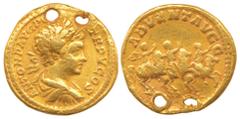 Caracalla(198-217 AD), Gold Aureus, 7.15g, Rome Mint, Struck in AD 202, obv. laureate bust of the emperor to right, legend ANTON P AVG PON TR P V COS: rev. Septimius Severus, Caracalla and Geta, all i