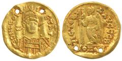Byzantine, Anastasius I (491-518 AD), Gold Solidus, 3.63g, Constantinople Mint, obv. helmeted armed bust facing, rev. Victory standing, holding long voided cross, star at right. Two holes to wear as a