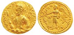 Kushanas, Huvishka, Gold Dinar, 7.87g, Mint I (A), 3rd emission, obv. nimbate, diademed and crowned bust of the king emerging from clouds, flames over shoulder, holding mace scepter in right hand and 