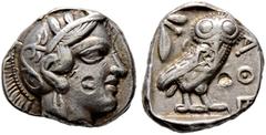 Griechische Münzen Attika. Athen Tetradrachme 479-393 v. Chr. Kopf der Athena nach rechts, auf der Wange Gegenstempel "Eule" / Eule steht nach rechts, links im Feld Olivenzweig und Mondsichel, das Gan