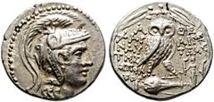 Griechische Münzen Attika. Athen. Tetradrachme des neuen Stils 112-111 v. Chr. Athenakopf im attischen Helm nach rechts / Eule auf liegender Amphora von vorn, links Schrift sowie rechts als Beizeichen