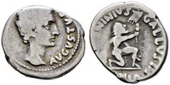 Römische Münzen Kaiserzeit. Augustus (Octavianus) 27 v. Chr. -14 n. Chr. Denar 12 v. Chr. -Rom-. Münzmeister L. Caninius Gallus. AVGVSTVS. Bloße Büste nach rechts / L.CANINIVS GALLVS III VIR. Barbar m