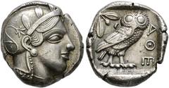 Griechische Münzen Attika. Athen Tetradrachme ca. 430-420 v. Chr. Kopf der Athena nach rechts / Eule steht nach rechts, links im Feld Olivenzweig und Mondsichel, rechts AOE. HGC 1597. 17,19 g leichte 