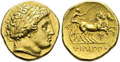 Griechische Münzen Makedonia. Könige von Makedonien. Philippos II. 359-336 v. Chr AV-Stater 336-328 v. Chr. -Pella- Apollokopf nach rechts mit Lorbeerkranz / Biga nach rechts, darunter Kantharos. Le R