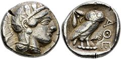 Griechische Münzen Attika. Athen Tetradrachme ca. 454-405 v. Chr. Ähnlich wie vorher, jedoch auf dem Revers im rechten Feld mit einem Gegenstempel "Eule". 17,28 g kleiner Prüfhieb und Randkerbe, sehr 