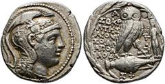 Griechische Münzen Attika. Athen Tetradrachme des neuen Stils ca. 125 v. Chr. Athenakopf im attischen Helm nach rechts / Eule auf liegender Amphora -darauf "A"- von vorn, links Schrift sowie rechts Ku
