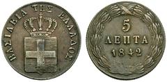 Ausländische Münzen und Medaillen Griechenland Otto von Bayern 1832-1862. Cu-5 Lepta 1842 -Athen-. Divo 21i, KM 16. minimale Kratzer, sehr schön-vorzüglich