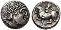 Keltische Münzen Mittlere und untere Donau "Kroisbacher" Tetradrachme, Typ mit Reiterstumpf 2. Jh. v.Chr. (Nachahmung der Tetradrachmen Philipps II. von Makedonien). Bartloser Kopf mit dreifachem Perl