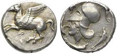 Griechische Münzen Korinthia Korinthos. Stater 430-400 v. Chr. Pegasos nach links fliegend / Athenakopf mit korinthischem Helm nach links, umgeben von vier Delphinen. BMC 152. 8,62 g sehr schön-vorzüg