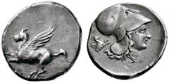 Griechische Münzen Korinthia Korinthos. Stater 375-300 v. Chr. Pegasus nach links fliegend / Kopf der Athena mit korinthischem Helm nach rechts, dahinter Beizeichen halber Pegasus. 8,54 g dunkle Patin
