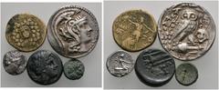 Lots antiker Münzen 5 Stücke: ATTIKA-Athen, Tetradrachme neuen Stils 2. Jh. v.Chr.; EUBOEA-Histaia, Tetrobol sowie 3 Bronzemünzen, dabei PONTOS, Amisos und MAKEDONIA. schön-sehr schön, sehr schön