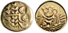 Keltische Münzen Gallia. Belgae. Blassgold-Stater, Typ "Chute gold stater" 65-40 v. Chr. Stark stilisierter Apollokopf nach rechts, bestehend aus Lorbeerkranz, Halbmond und Linie mit Bogenabschluss / 
