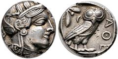 Griechische Münzen Attika. Athen. Tetradrachme nach 449 v. Chr. Ein zweites, ähnliches Exemplar. SNG Cop. 32ff, Sear 2526. 17,22 g minimale Kratzer, drei kleine Prüfmarken auf dem Revers, sehr schön-v