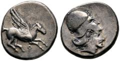 Griechische Münzen Korinthia. Korinthos. Stater ca. 400-350 v. Chr. Pegasus nach rechts fliegend, darunter Koppa / Kopf der Athena mit korinthischem Helm nach rechts. 8,43 g sehr schön.
