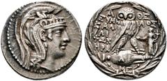 Griechische Münzen Attika. Athen Tetradrachme des neuen Stils 140-139 v. Chr. Magistrate Eumelos und Kalliphon. Athenakopf im attischen Helm nach rechts / Eule auf liegender Amphora -darauf ein "A"- v