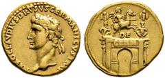 Römische Münzen Kaiserzeit. Nero Claudius Drusus †9, Bruder des Tiberius Aureus (posthum geprägt unter Claudius) 41/42 -Rom-. NERO CLAVDIVS DRVSVS GERMANICVS IMP. Belorbeerte Büste mit Eichenkranz (co