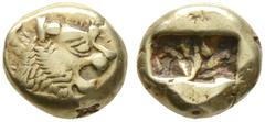 Griechische Münzen Lydia. Könige von Lydia. Zeit vor Kroisos 650-561 v. Chr. El-Trite (= Drittelstater) vor 561 v. Chr. -Sardeis-. Löwenkopf mit offenem Maul nach rechts, auf der Nase eine Strahlenwar