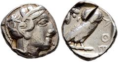 Griechische Münzen Attika. Athen Tetradrachme 449-415 v. Chr. Ähnlich wie vorher. SNG Cop. 46ff. 17,17 g stärkerer Prüfhieb auf der Rückseite, sehr schön/fast sehr schön