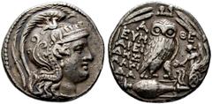 Griechische Münzen Attika. Athen Tetradrachme des neuen Stils 113-112 v. Chr. Athenakopf mit attischem Helm nach rechts / Eule auf liegender Amphora von vorn, links Schrift sowie rechts Triptolemos. D