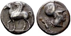 Griechische Münzen Korinthia. Korinthos Stater 400-338 v. Chr. Ähnlich wie vorher jedoch mit Beizeichen Poseidon. BMC 167 (?). 7,61 g selten, leicht korrodiert, sehr schön Figur nicht genau erkennbar.