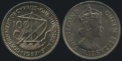 COINS & TOKENS - C Y P R U S 100 Mils (1957) with "Crowned head to right and in a circle the inscription: QUEEN ELIZABETH THE SECOND" & "Ancient galley, the figure 100 left of masts and in a circle th