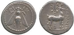 Ancient Coins, Greek, Ionia, Ephesus, Silver Didrachm, 202-162BC, issued by the magistrate Menekraths, bee in beaded circle, rev. stag standing left, date-palm behind, ‘MENEKRATHS’, 4.07gm. (Kinns 2-2