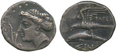 Ancient Coins, Greek, Paphlagonia, Sinope, Silver Drachm, c330-300 BC, head of nymph left, hair in sakkos; aphlaston before, rev, sea-eagle on dolphin left; ΦΑΓΕΤA below wings ΣIN below, 5.7gm. (SNG B