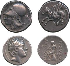 Ancient Coins, Greek, Aegina Stater (4); Syracuse Tetradrachm; Corinth, Stater (2); Leucania Bruttium Stater (2) and other silver and bronze ancient coins. Generally fine to very fine. (13)